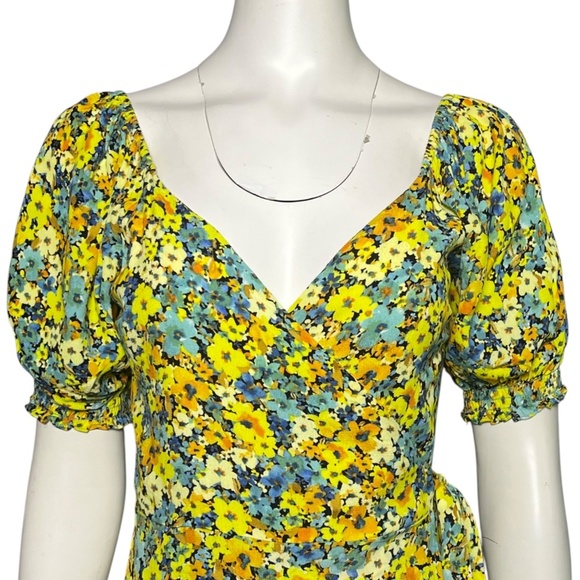 LSPACE Talia Wrap Dress in Daisy Diamond Midi Yellow Puff Sleeve Size Small - Picture 2 of 6